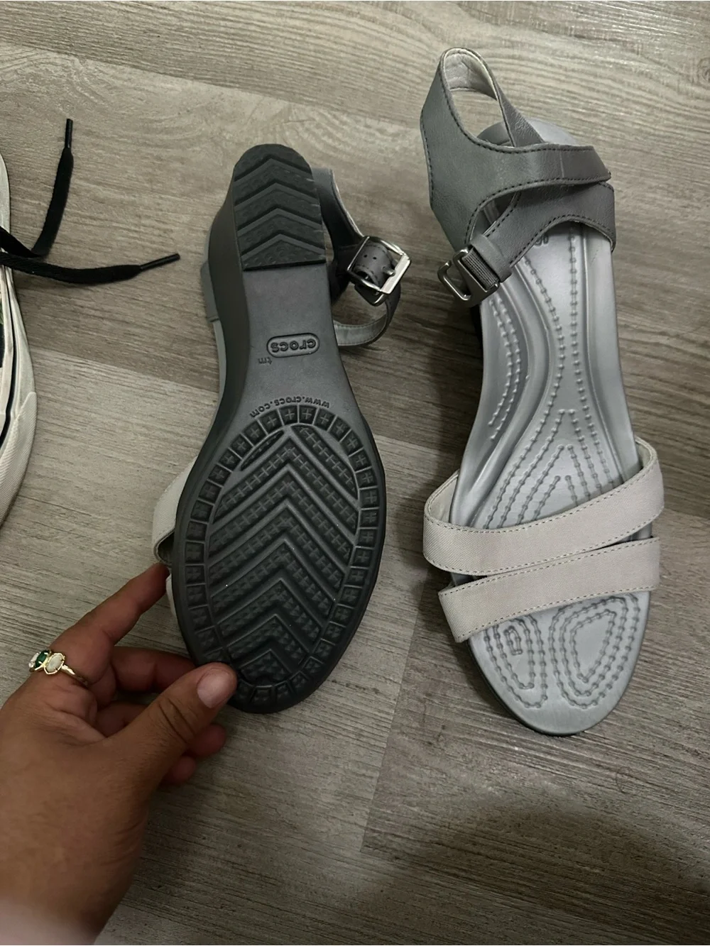 CROCS Light Gray and Off-White Wedge Sandals - Picture 2 of 3